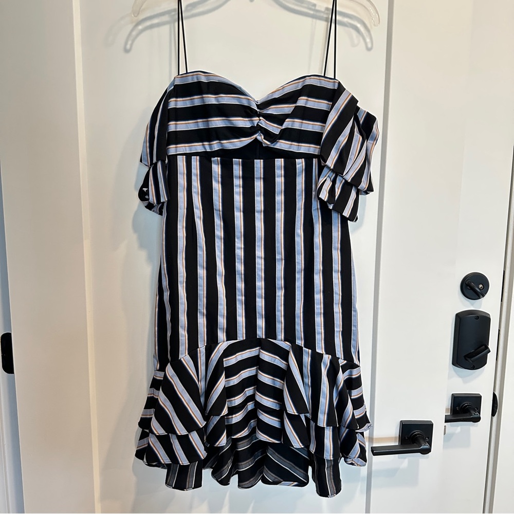 Wayf Women’s Teagan Off-The-Shoulder Dress with Navy, White, and Tan Stripes